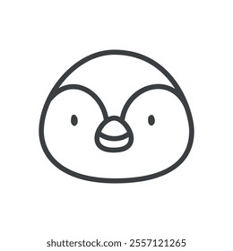 Kawaii penguin icon. Hand drawn monochrome illustration of a funny smiling bird head isolated on a white background. Cute sticker. Vector 10 EPS.