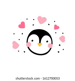 Kawaii penguin in love. Cute bird with eyes and pink hearts around isolated on a white background. Minimalistic surprised character - vector illustration, stickers, cards, childish design. Penguin day