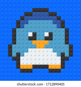 Kawaii Penguin de ladrillos de plástico bloquea el juguete. Fondo azul. ilustración vectorial.