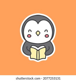 Pingüino Kawaii leyendo una ilustración de un libro. Gráficos vectoriales para impresiones de merch y otros usos.