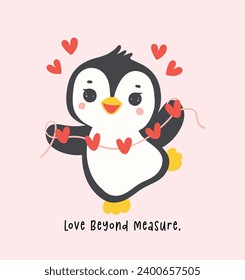 kawaii penguin with red hearts garland cartoon, cute Valentine animal character illustration, playful hand drawn festive love graphic.