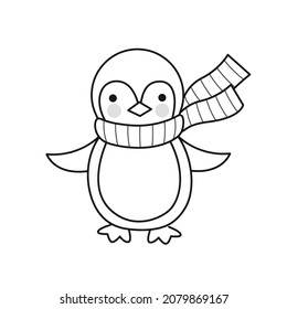 Kawaii penguin in striped scarf. Cute cartoon character. Funny cute outline illustration. Vector isolated emblem for logo, coloring book, tattoo, print.