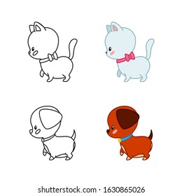 Kawaii pets. Cartoon illustration of little kitten and puppy isolated on white. Vector illustration