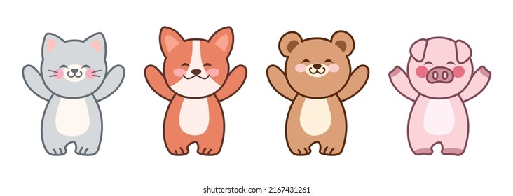 Kawaii pets. Cute animals raised paws up. Set of vector illustrations isolated on white background. 
