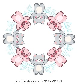 Kawaii pets round dance. Pig and cat.