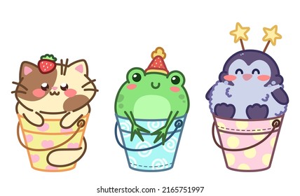 Kawaii pets sitting in buckets. Cuties cat, frog and penguin. Set of lovely characters isolated on white background.