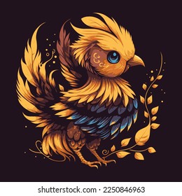 Kawaii phoenix or bird of paradise isolated on dark background