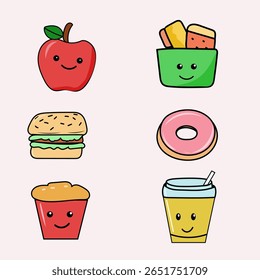 Kawaii Picnic Food Characters Set - personagens vetoriais bonitos: sanduíche feliz, caixa de suco, maçã, donut, com rostos, contorno ousado, cores planas brilhantes