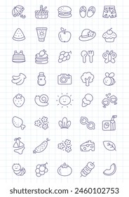 Kawaii picnic icon set. Collection of cute hand drawn summer stickers (food, picnic basket, parasol, hat, flip flops, sunscreen) on a checkered background. Vector 10 EPS.
