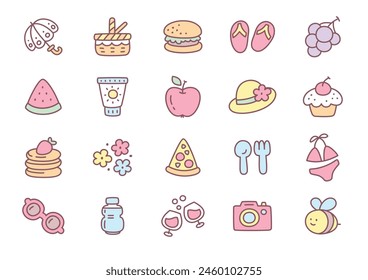 Kawaii picnic icon set. Collection of cute hand drawn summer outdoor party stickers (picnic basket, burger, pancakes, parasol, hat, flip flops) isolated on a white background. Vector 10 EPS.