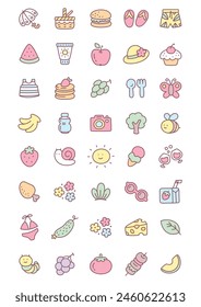 Kawaii picnic icon set. Collection of cute hand drawn summer stickers (food, picnic basket, parasol, hat, flip flops, sunscreen) isolated on a white background. Vector 10 EPS.