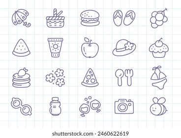 Kawaii picnic icon set. Collection of cute hand drawn summer outdoor party stickers (picnic basket, burger, pancakes, parasol, hat, flip flops) on a checkered background. Vector 10 EPS.