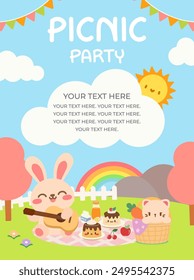 Kawaii Picnic Party Invitation with Adorable Bunny and Cat. Cute Picnic Party Poster Template with Happy Animals. Fun and Cheerful Picnic Party Design with Custom Text.