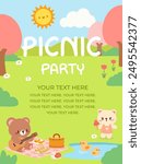 Kawaii Picnic Party Invitation with Cute Animals. Adorable Cartoon Picnic Party Poster. Cute Animal Picnic Party Template with Customizable Text.