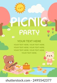 Kawaii Picknick Party Einladung mit süßen Tieren. Bezauberndes Cartoon-Picknick-Party-Poster. Niedliche Tier Picknick Party Vorlage mit anpassbaren Text.