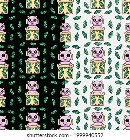 kawaii pig in blanket with tropical leaves cartoon. cute seamless pattern for textile or apparel