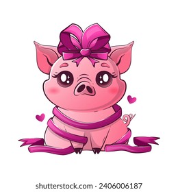 Kawaii pig with a bow got tangled in a gift ribbon. Cute animals for Valentine's Day.