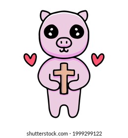 kawaii pig cartoon holding cross. illustration for stickers and apparel