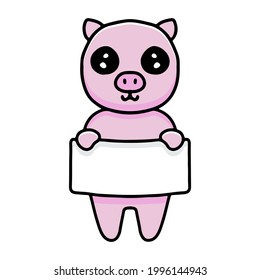 kawaii pig cartoon holding empty banner, vector illustration.