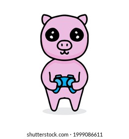 Kawaii Pig Cartoon Holding Joystick. Design Illustration For Sticker And Apparel