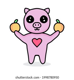 kawaii pig cartoon holding orange fruits. Design illustration for sticker and apparel
