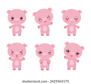 Kawaii pig cheerful facial expressions - calm, happy, laughing, smiling, waving, winking. Baby piglet cute chibi character piggy anime style. Adorable cartoon farm animal emoji vector illustration.