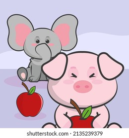 Kawaii Pig And Elephant With Food