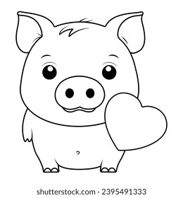 Kawaii pig with heart coloring page. Outline vector illustration.