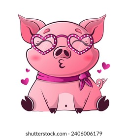 Kawaii pig with heart-shaped glasses sends a kiss. Cute animals for Valentine's Day