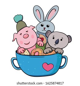 Kawaii Pig, Koala and Rabbit are eating and sitting in a tea or coffee mug with a heart. Sweet dessert. Birthday, Valentine's Day, Baby Shower illustration in cartoon style