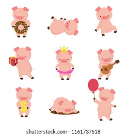 Kawaii pigs. Funny baby pig in mud, piggy eating and running. Cartoon swine vector character. Illustration of piglet adorable, funny pig in puddle