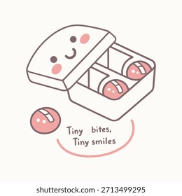 Ilustración vectorial de caracteres de caja de píldoras Kawaii. Doodle lindo con pequeños bocados, pequeñas sonrisas eslogan para el cuidado personal y el bienestar.