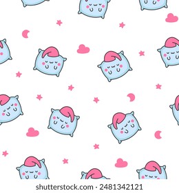 Kawaii pillow with cute face. Seamless pattern. Cartoon happy character. Hand drawn style. Vector drawing. Design ornaments.