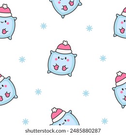 Kawaii pillow with cute face. Seamless pattern. Cartoon happy character. Hand drawn style. Vector drawing. Design ornaments.
