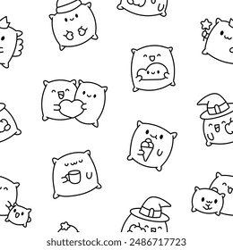 Kawaii pillow with cute face. Seamless pattern. Coloring Page. Cartoon happy character. Hand drawn style. Vector drawing. Design ornaments.