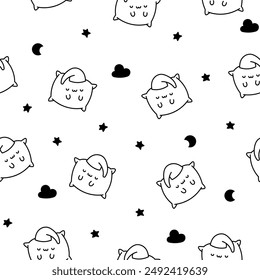 Kawaii pillow with cute face. Seamless pattern. Coloring Page. Cartoon happy character. Hand drawn style. Vector drawing. Design ornaments.