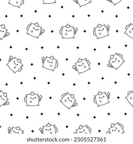 Kawaii pillow with cute face. Seamless pattern. Coloring Page. Cartoon happy character. Hand drawn style. Vector drawing. Design ornaments.