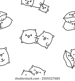 Kawaii pillow with cute face. Seamless pattern. Coloring Page. Cartoon happy character. Hand drawn style. Vector drawing. Design ornaments.