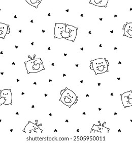 Kawaii pillow with cute face. Seamless pattern. Coloring Page. Cartoon happy character. Hand drawn style. Vector drawing. Design ornaments.