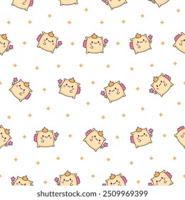 Kawaii pillow with cute face. Seamless pattern. Cartoon happy character. Hand drawn style. Vector drawing. Design ornaments.