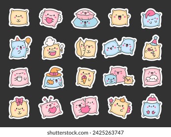 Kawaii pillow with cute face. Sticker Bookmark. Cartoon happy character. Hand drawn style. Vector drawing. Collection of design elements.