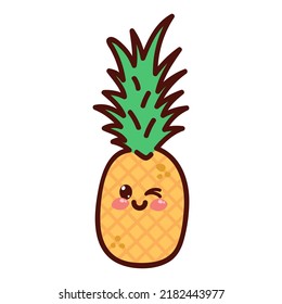 Kawaii pineapple in cartoon style. Cute fruit character with smiling face. Vector illustration isolated on white background.