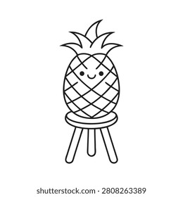 Kawaii pineapple fruit character on wooden stool for kids summer fruit coloring book page vector illustration