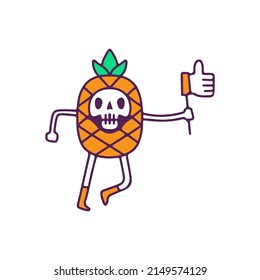 Kawaii pineapple skull holding like button, illustration for t-shirt, street wear, sticker, or apparel merchandise. With doodle, retro, and cartoon style.