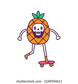 Kawaii pineapple skull riding skateboard, illustration for t-shirt, street wear, sticker, or apparel merchandise. With doodle, retro, and cartoon style.