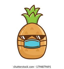 kawaii pineapple wearing mask cartoon illustration isolated on white background