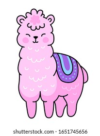 Kawaii Pink Alpaca. Cute Llama. Simple Vector Illustration.