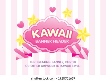 Kawaii Pink Banner Header With Ribbon And Stars Element On Striped Background Vector File Format.