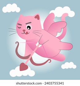 Kawaii pink cat cupid character with a bow and wings, flying and aiming his arrow in the sky. Valentine's Day greeting card.