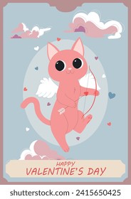 Kawaii pink cat cupid character with a bow and wings, flying and aiming his arrow. Valentine's Day greeting card.